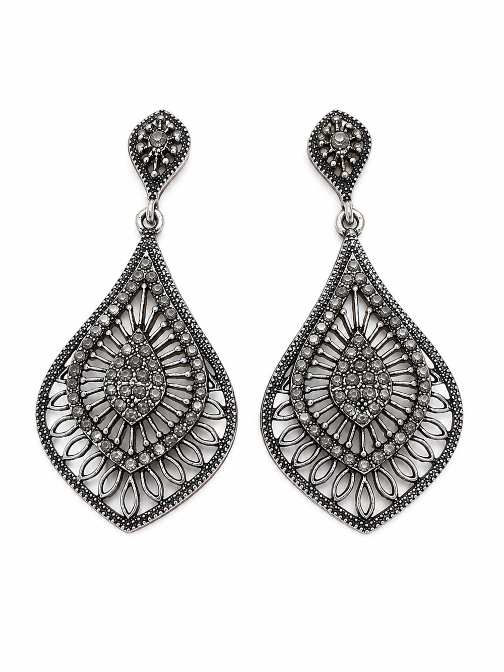 Boutique Style Silver Tone Rhinestone Filigree Teardrop Statement Earrings